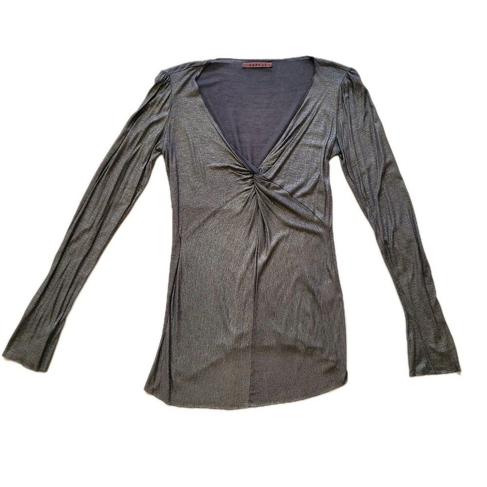 Velvet Made in USA Micromodal Draped V-Neck Long Sleeve Top Silver Gray P